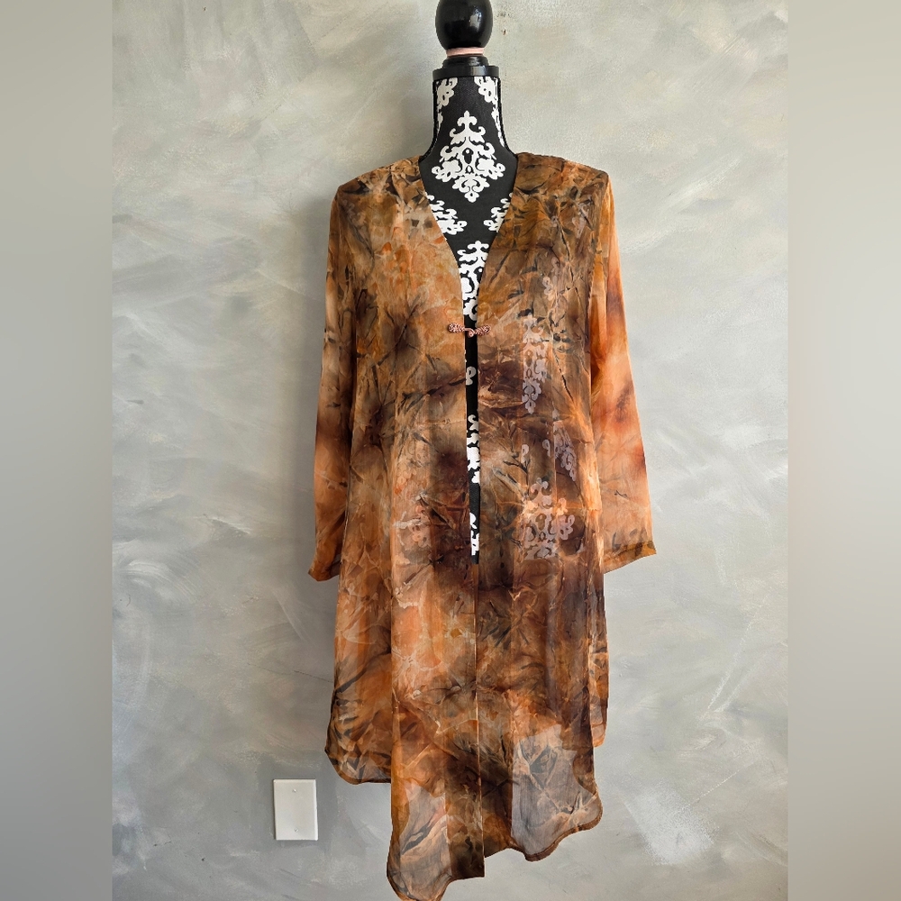 Suzanne Collectible Abstract Rust Brown Peasant Kimono Sheer Knot Closure M